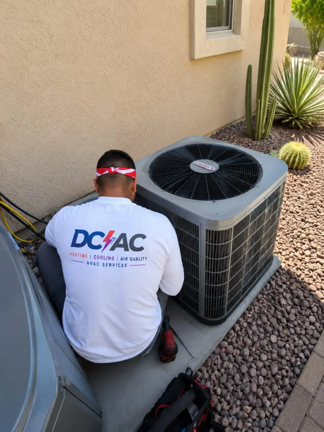 A DC AC Arizona technician in a branded shirt servicing a condenser unit beside a Phoenix home.